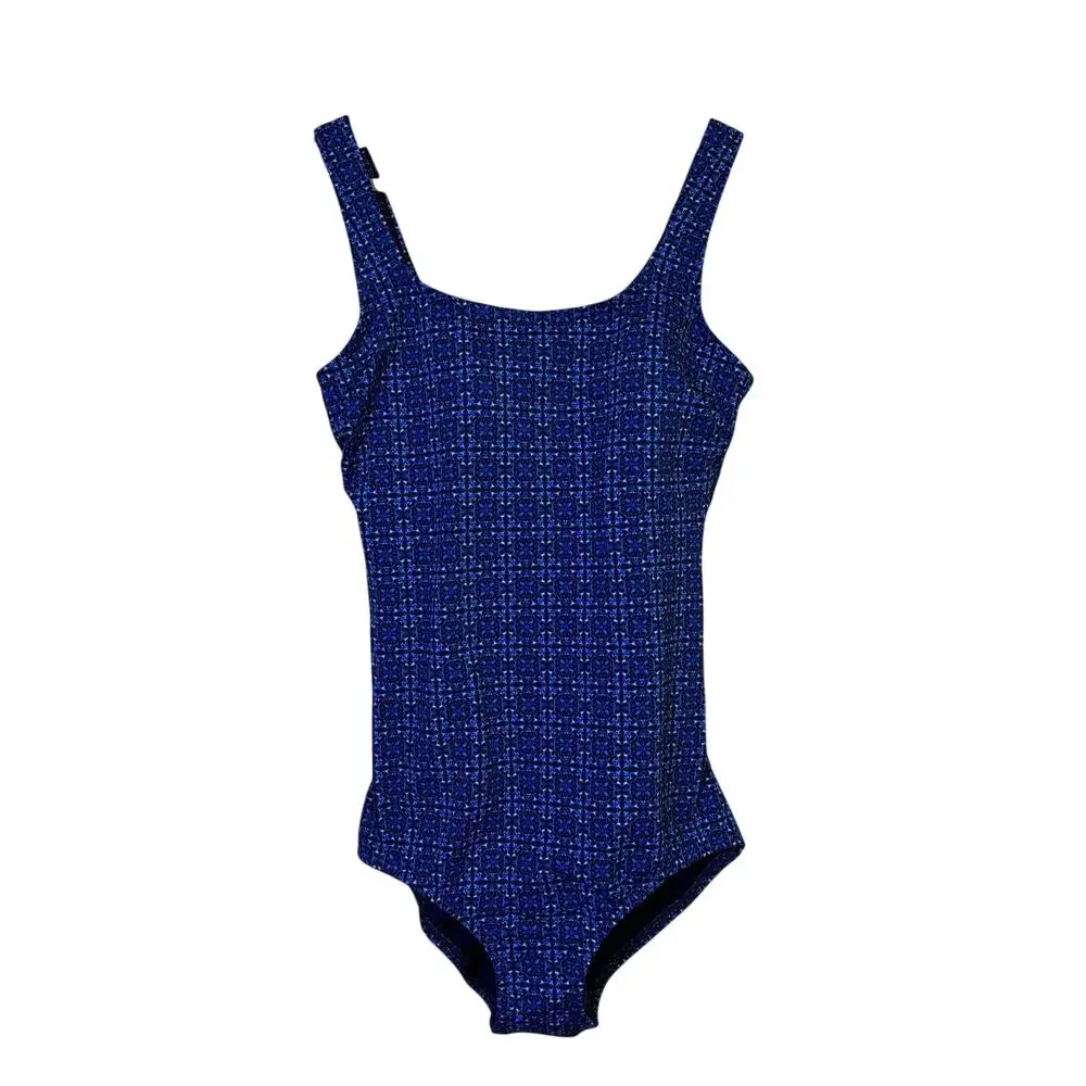 Lands End Tugless Low Leg One Piece Swimsuit 8L Navy Mosaic Mini Tile UPF50  NWT - Picture 2 of 13